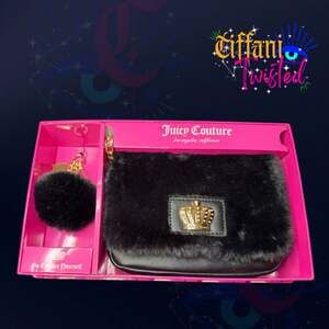 Juicy Couture Black Faux Fur Clutch Wristlet With Crown Logo NWT In Box